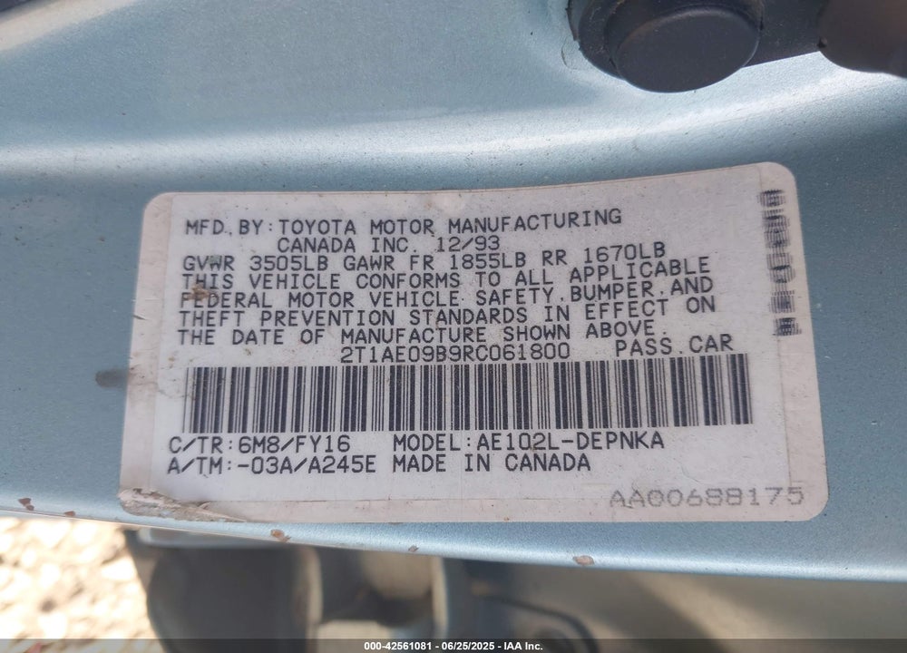 1994 TOYOTA COROLLA VIN: 2T1AE09B9RC061800