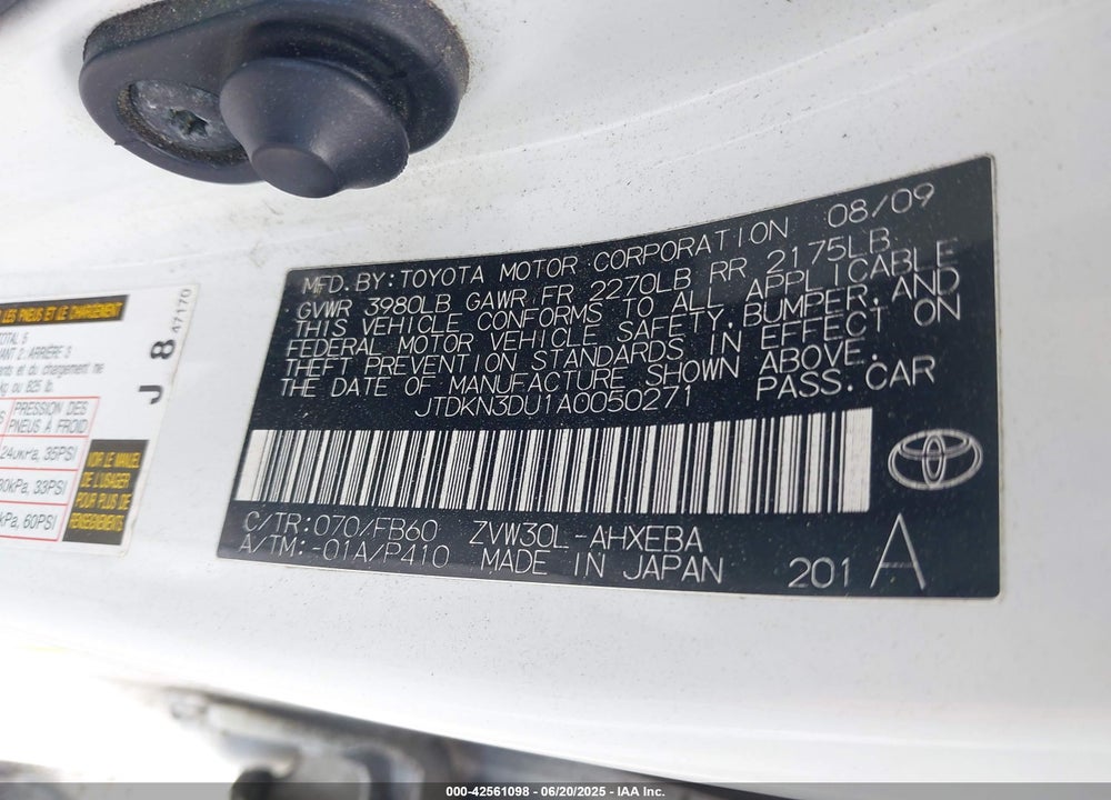 2010 TOYOTA PRIUS III VIN: JTDKN3DU1A0050271