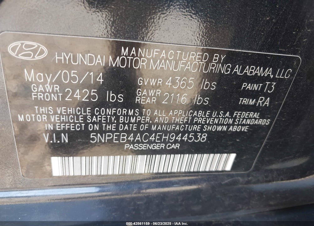 2014 HYUNDAI SONATA VIN: 5NPEB4AC4EH944538
