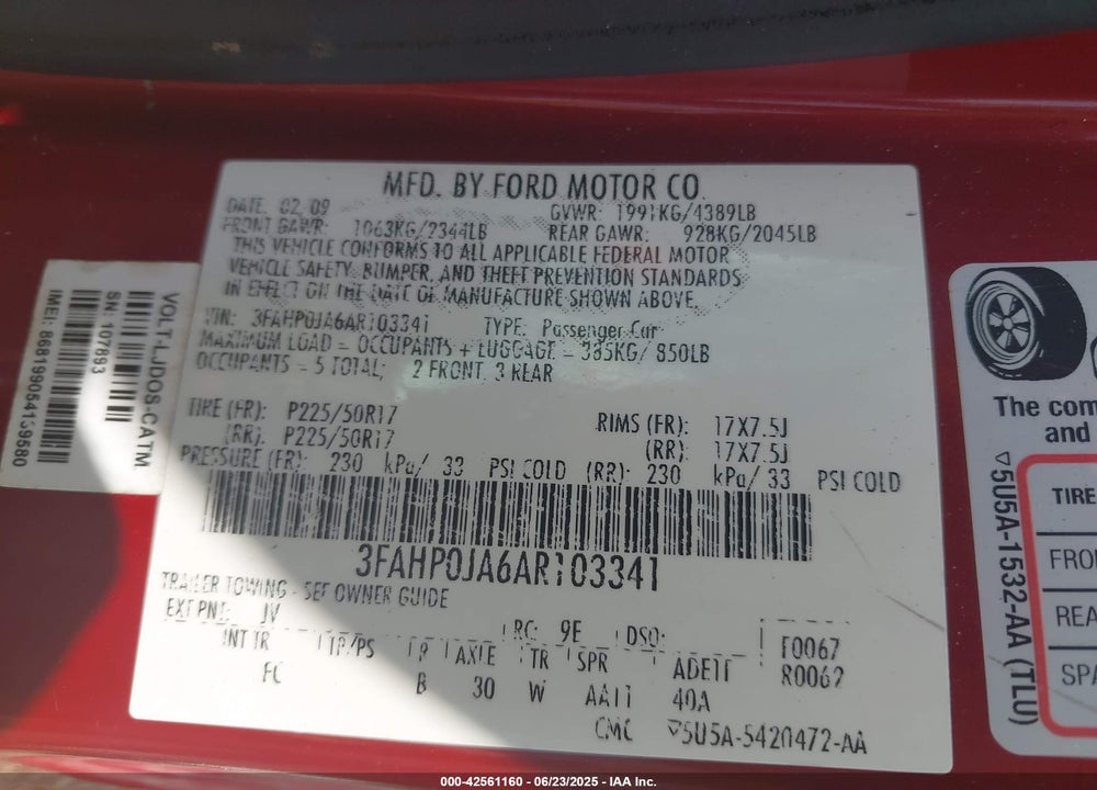 2010 FORD FUSION VIN: 3FAHP0JA6AR103341