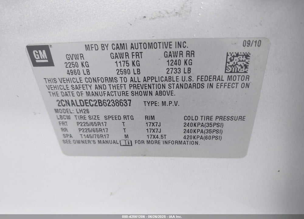 2011 CHEVROLET EQUINOX 1LT VIN: 2CNALDEC2B6238637