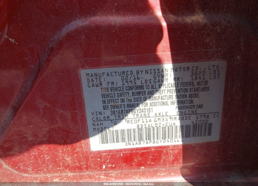 2016 NISSAN SENTRA SV VIN: 3N1AB7AP8GY240161