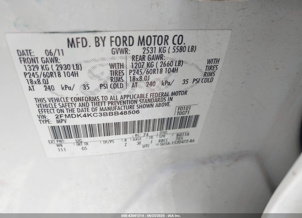 2011 FORD EDGE VIN: 2FMDK4KC3BBB48506