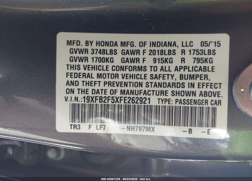 2015 HONDA CIVIC VIN: 19XFB2F5XFE262921