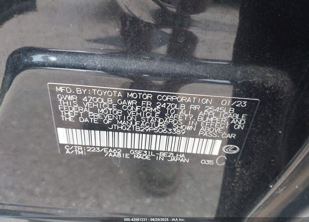 2023 LEXUS IS350 VIN: JTHGZ1B29P5063389