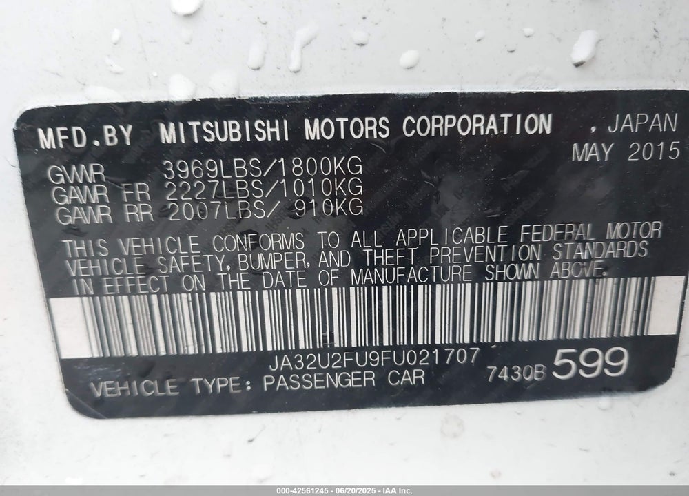 2015 MITSUBISHI LANCER VIN: JA32U2FU9FU021707
