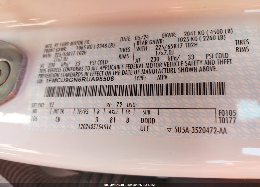 2024 FORD ESCAPE VIN: 1FMCU9GN6RUA98508