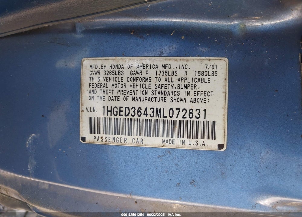 1991 HONDA CIVIC DX VIN: 1HGED3643ML072631