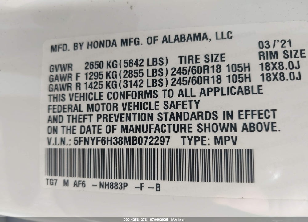 2021 HONDA PILOT AWD EX VIN: 5FNYF6H38MB072297
