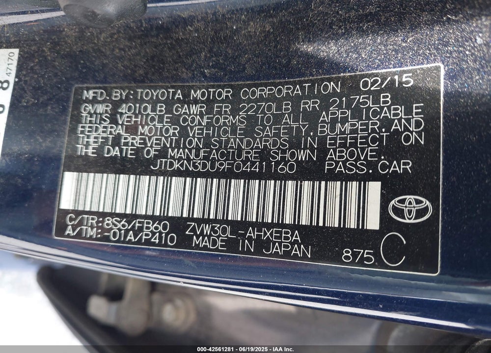 2015 TOYOTA PRIUS VIN: JTDKN3DU9F0441160