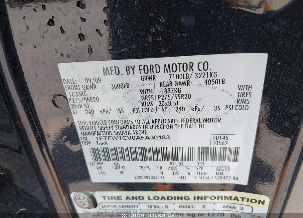 2010 FORD F-150 PLATINUM VIN: 1FTFW1CV0AFA30183