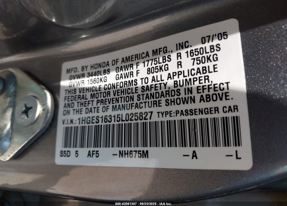 2005 HONDA CIVIC VP VIN: 1HGES16315L025827