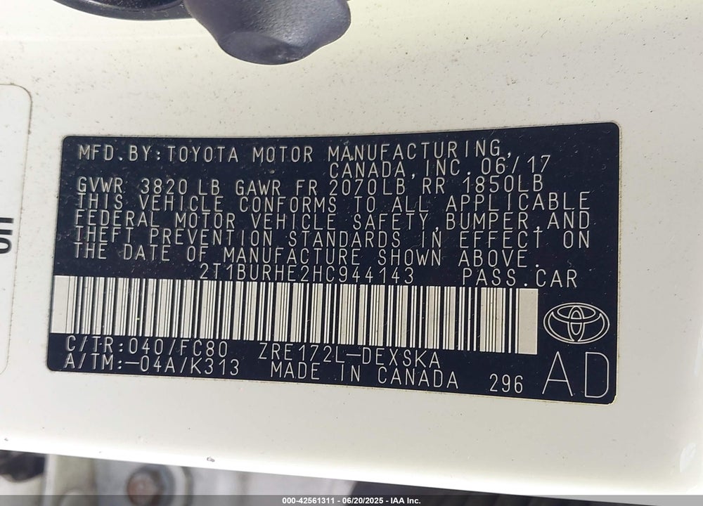 2017 TOYOTA COROLLA VIN: 2T1BURHE2HC944143