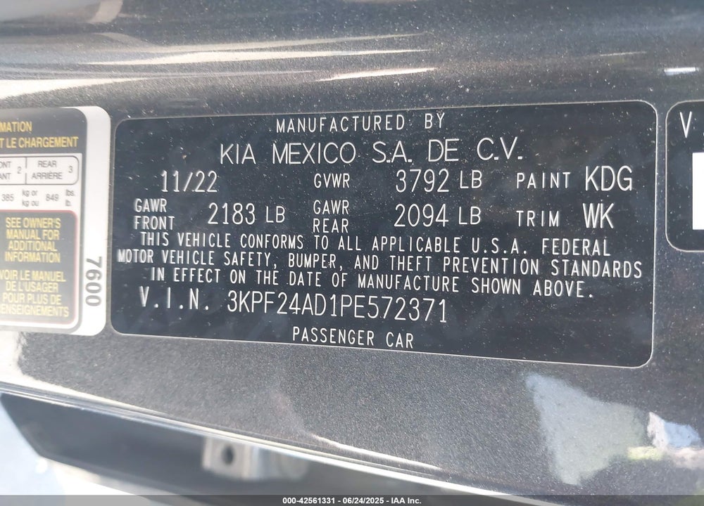 2023 KIA FORTE VIN: 3KPF24AD1PE572371