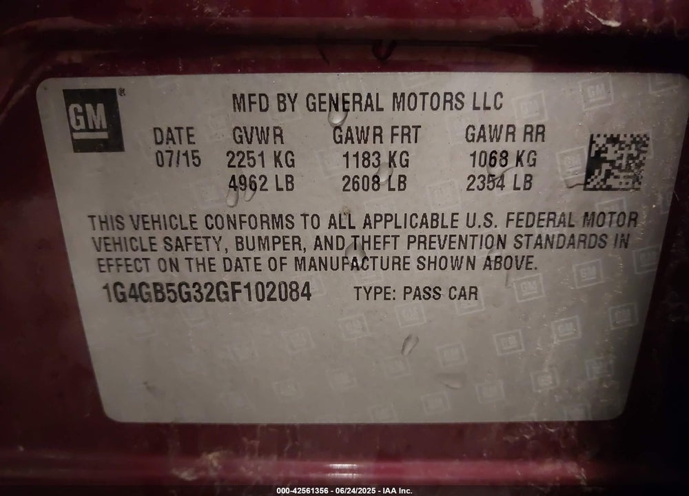 2016 BUICK LACROSSE VIN: 1G4GB5G32GF102084