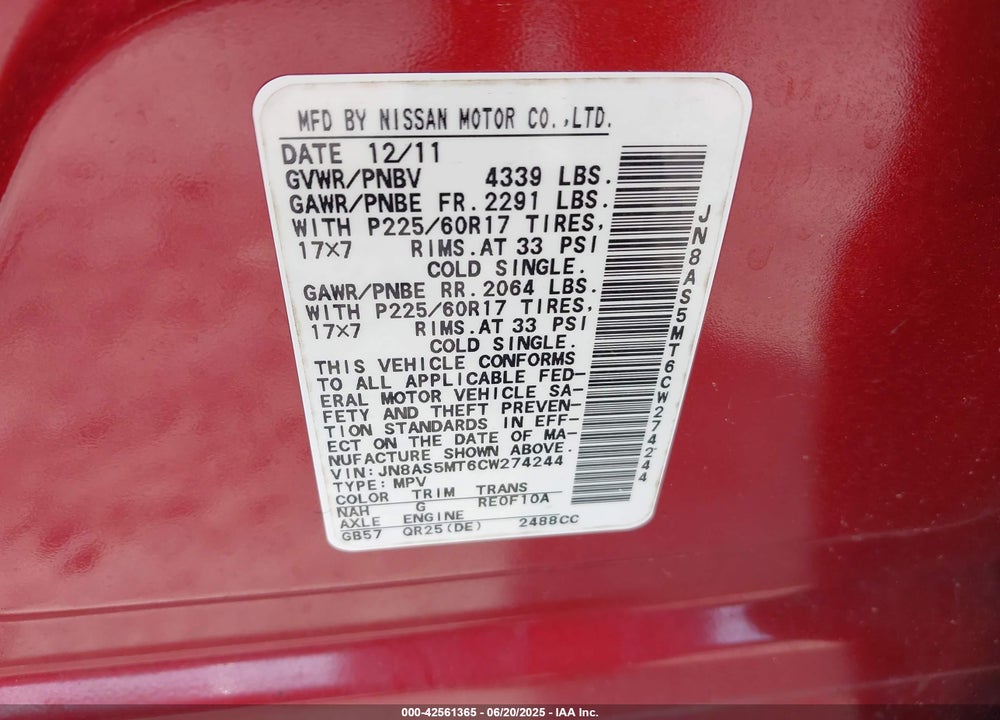 2012 NISSAN ROGUE VIN: JN8AS5MT6CW274244