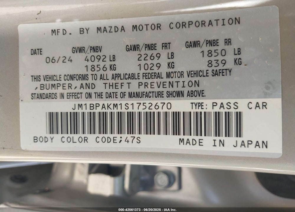 2025 MAZDA 3 2.5 S SELECT SPORT VIN: JM1BPAKM1S1752670