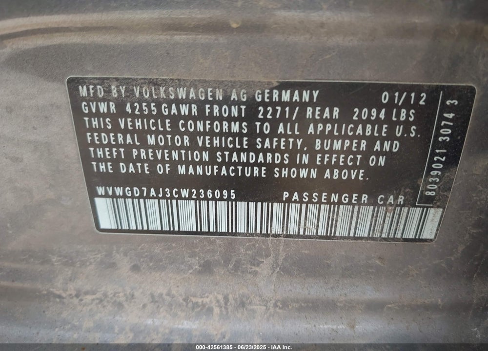 2012 VOLKSWAGEN GTI VIN: WVWGD7AJ3CW236095