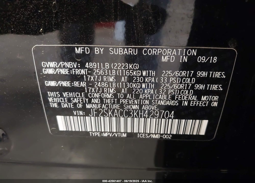 2019 SUBARU FORESTER VIN: JF2SKACC3KH429704