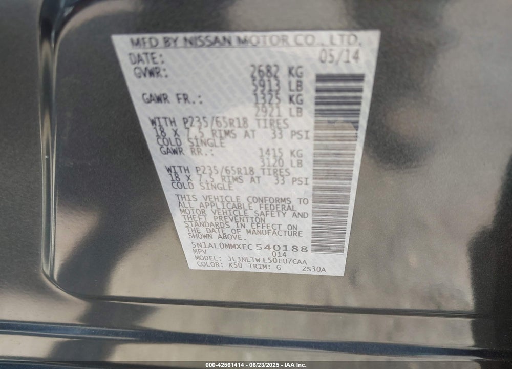 2014 INFINITI QX60 VIN: 5N1AL0MMXEC540188
