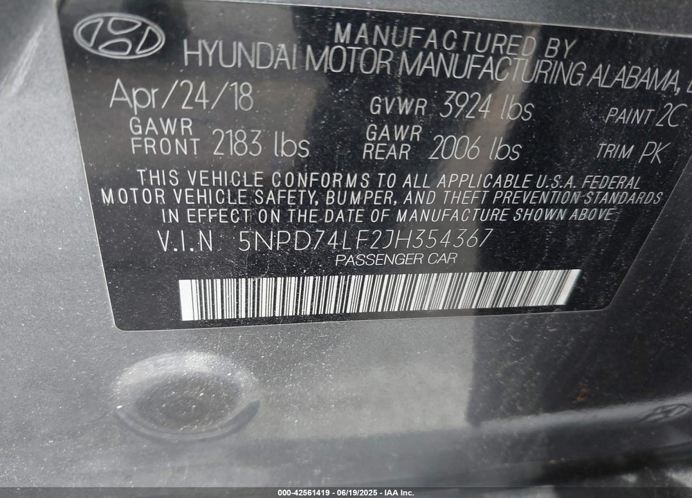 2018 HYUNDAI ELANTRA SE VIN: 5NPD74LF2JH354367