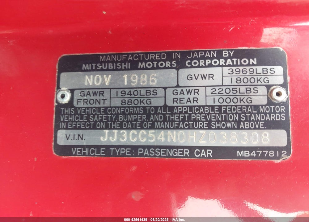 1987 CHRYSLER CONQUEST VIN: JJ3CC54N0HZ038308