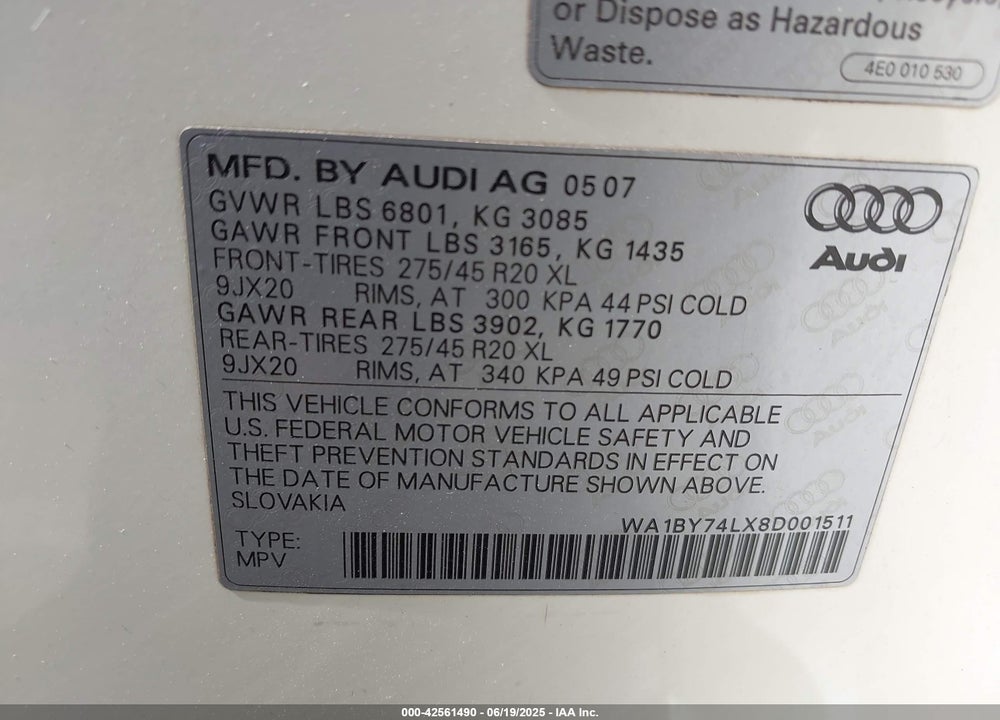 2008 AUDI Q7 3.6 PREMIUM VIN: WA1BY74LX8D001511