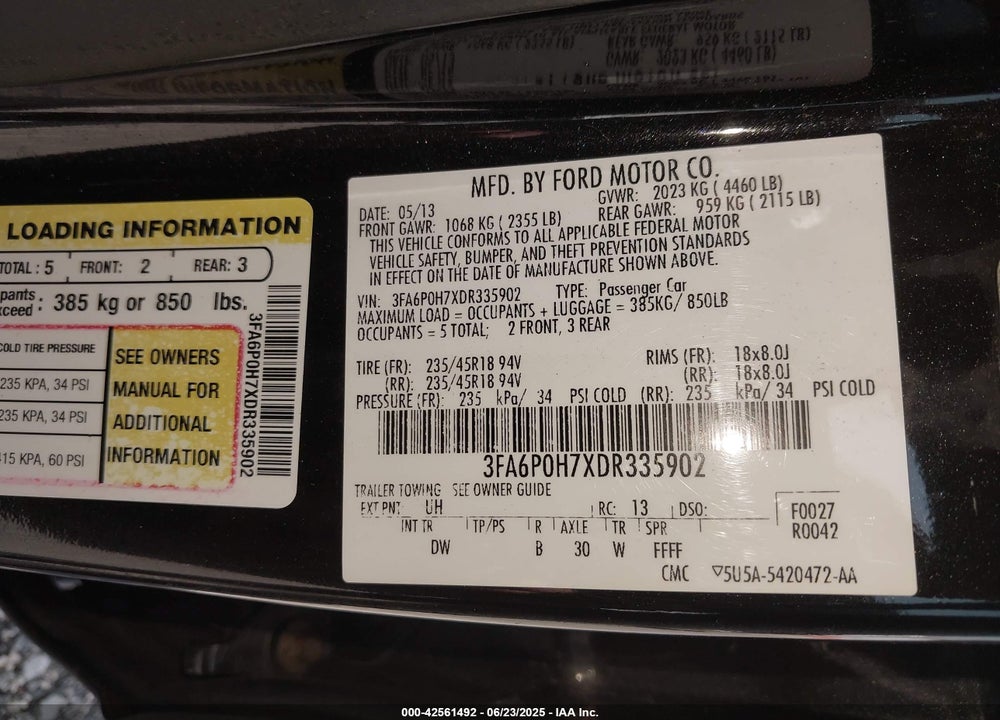 2013 FORD FUSION VIN: 3FA6P0H7XDR335902
