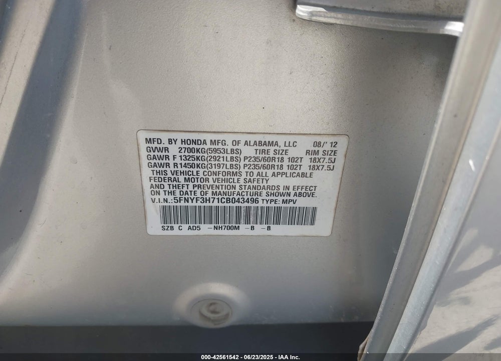 2012 HONDA PILOT VIN: 5FNYF3H71CB043496