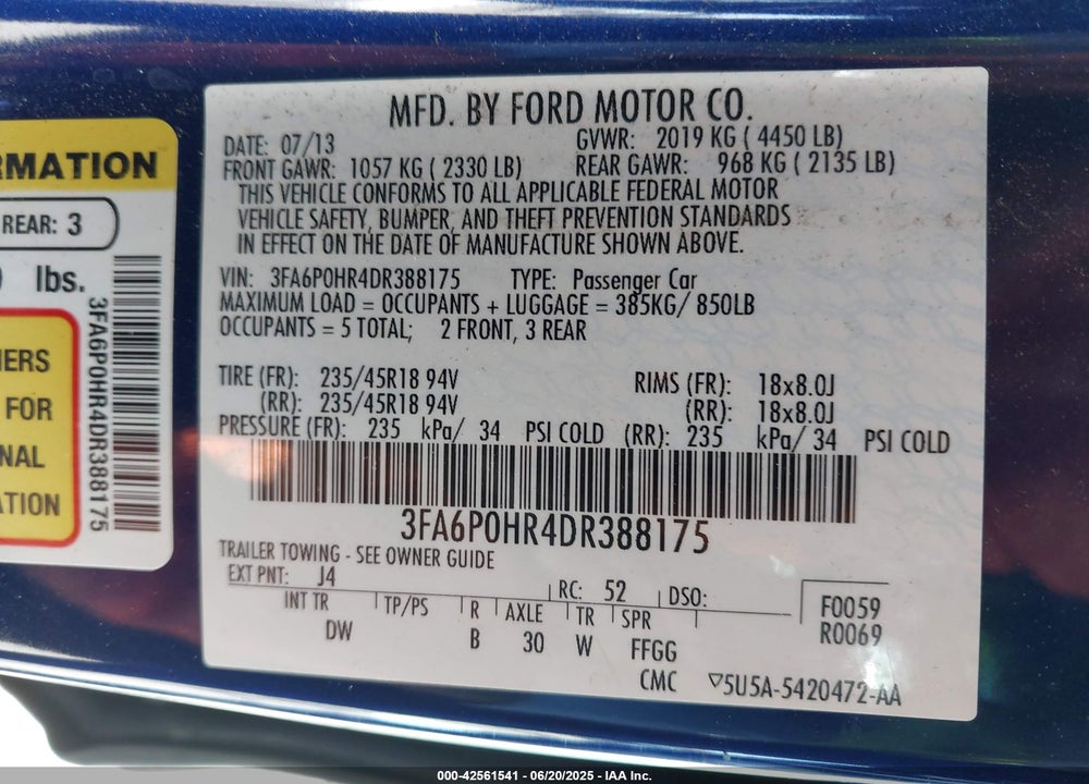 2013 FORD FUSION VIN: 3FA6P0HR4DR388175