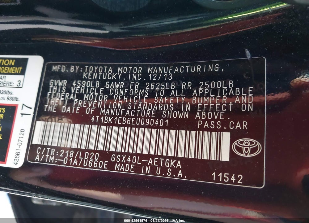 2014 TOYOTA AVALON VIN: 4T1BK1EB6EU090401