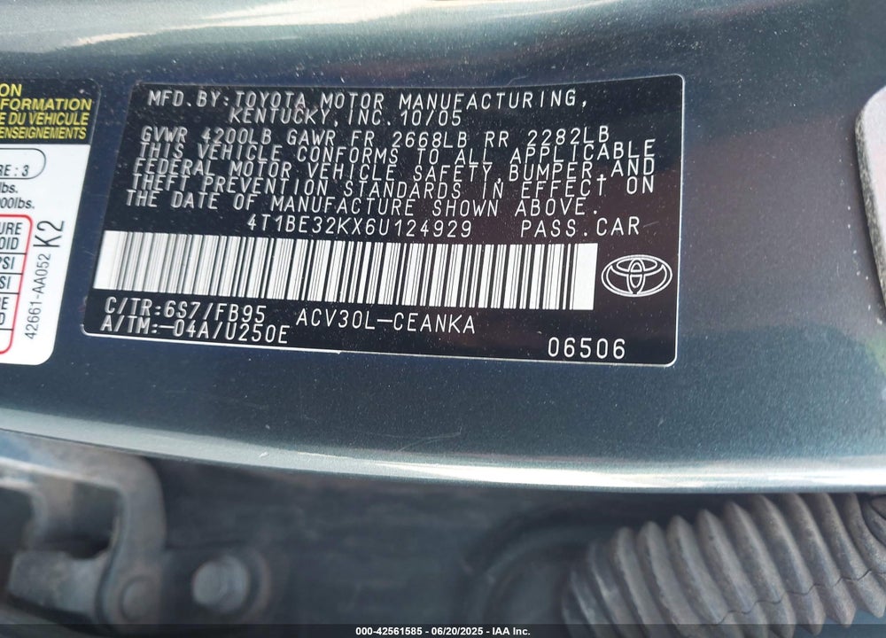 2006 TOYOTA CAMRY LE VIN: 4T1BE32KX6U124929