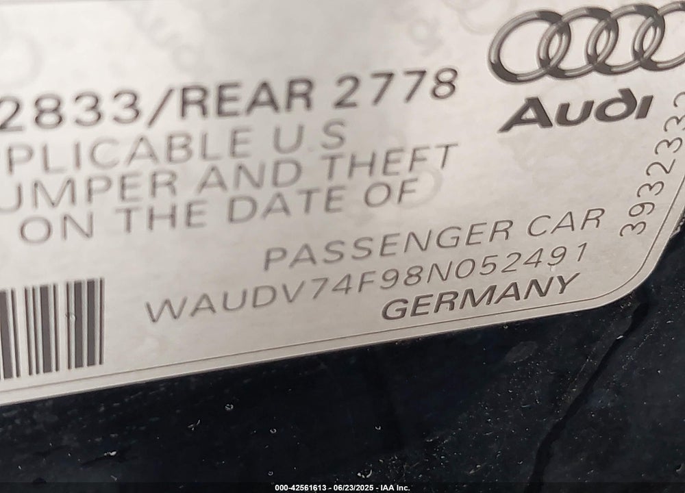 2008 AUDI A6 VIN: WAUDV74F98N052491