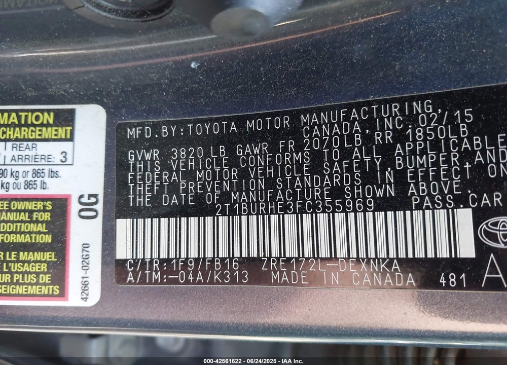 2015 TOYOTA COROLLA VIN: 2T1BURHE3FC355969