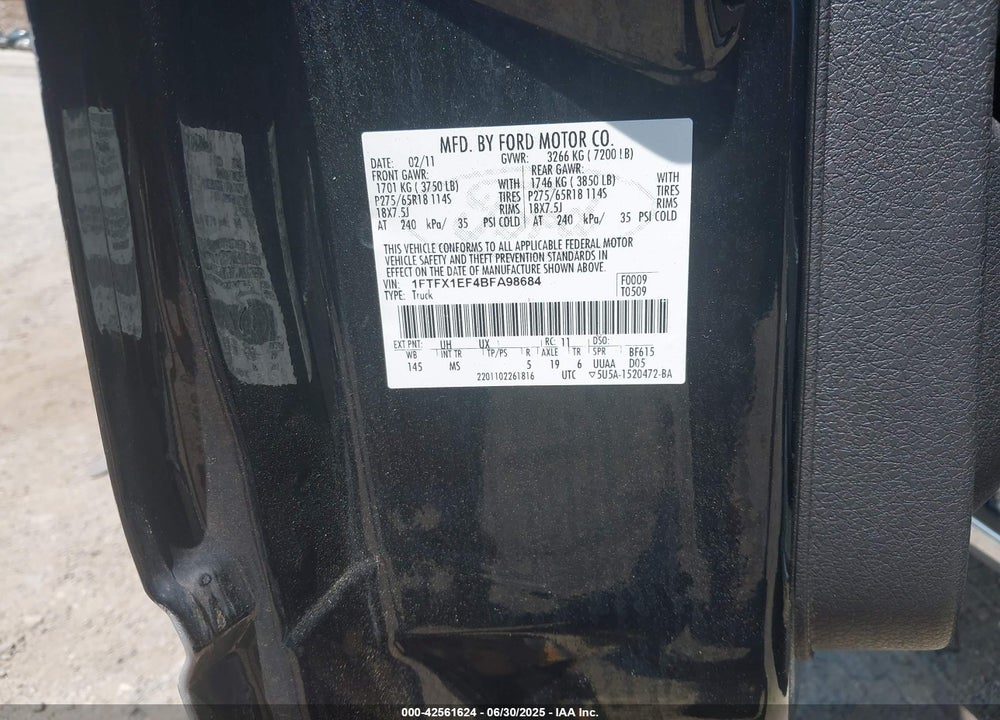 2011 FORD F-150 VIN: 1FTFX1EF4BFA98684