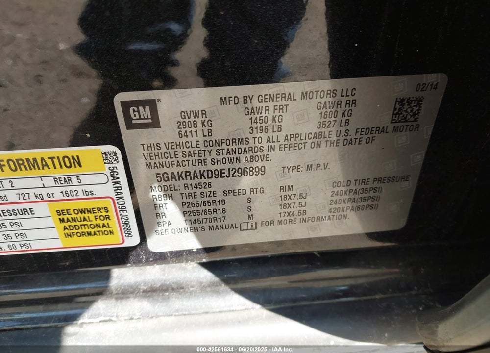 2014 BUICK ENCLAVE CONVENIENCE VIN: 5GAKRAKD9EJ296899