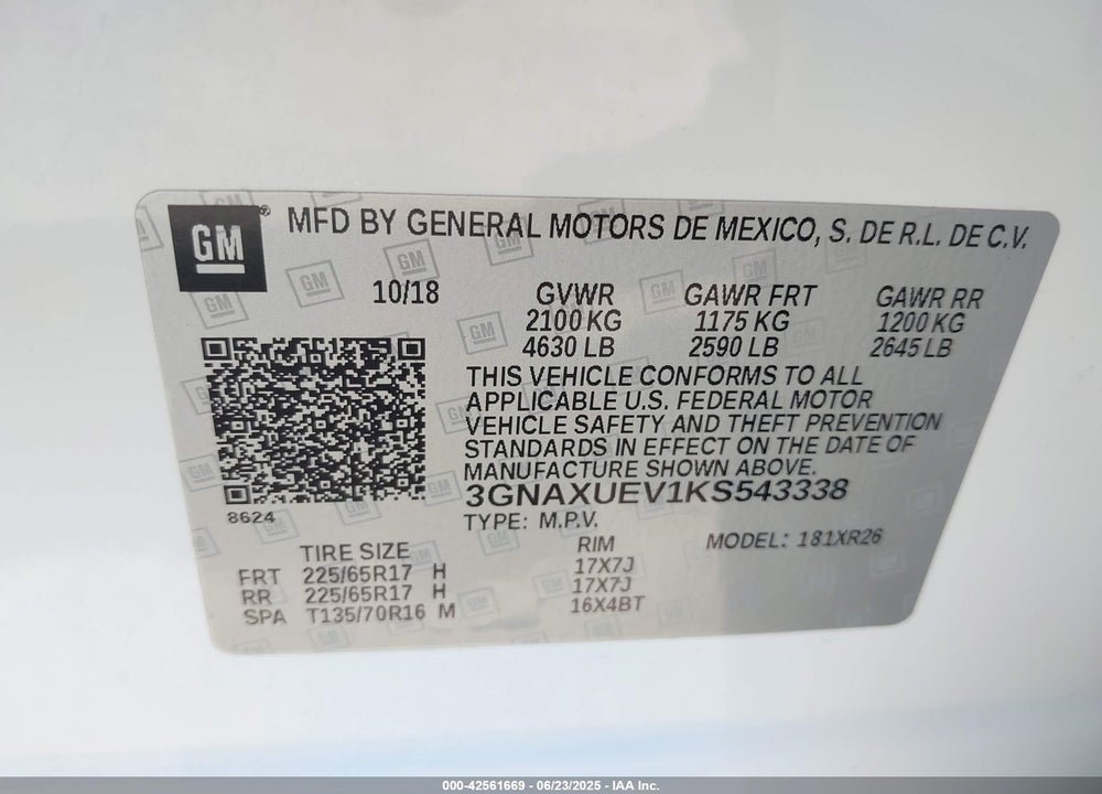 2019 CHEVROLET EQUINOX VIN: 3GNAXUEV1KS543338