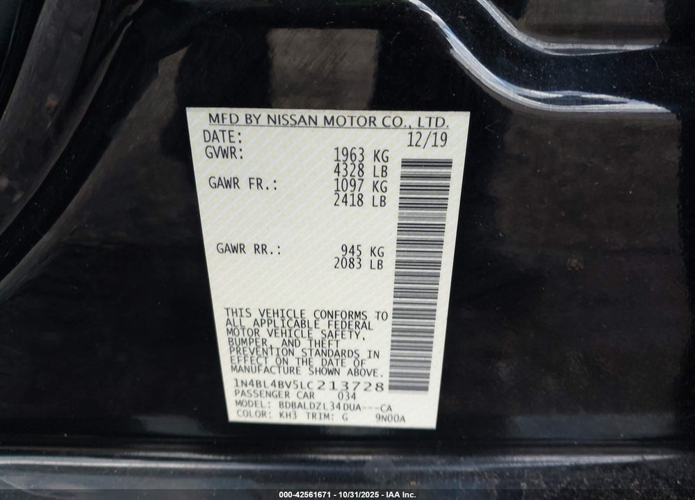 2020 NISSAN ALTIMA VIN: 1N4BL4BV5LC213728