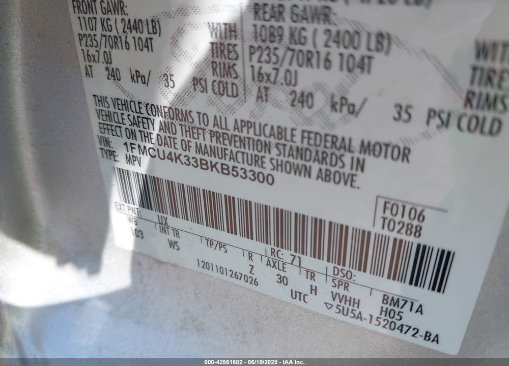 2011 FORD ESCAPE HYBRID VIN: 1FMCU4K33BKB53300