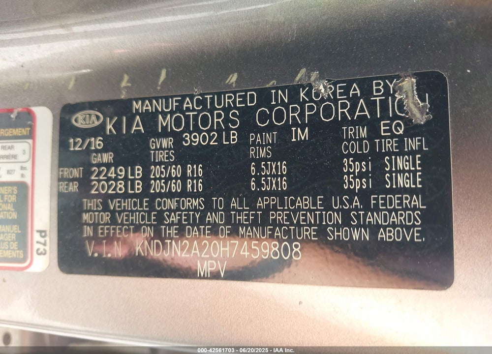 2017 KIA SOUL VIN: KNDJN2A20H7459808