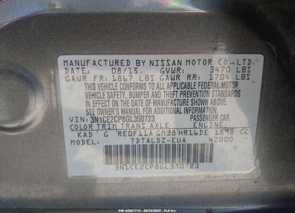 2016 NISSAN VERSA NOTE SV VIN: 3N1CE2CP8GL350723