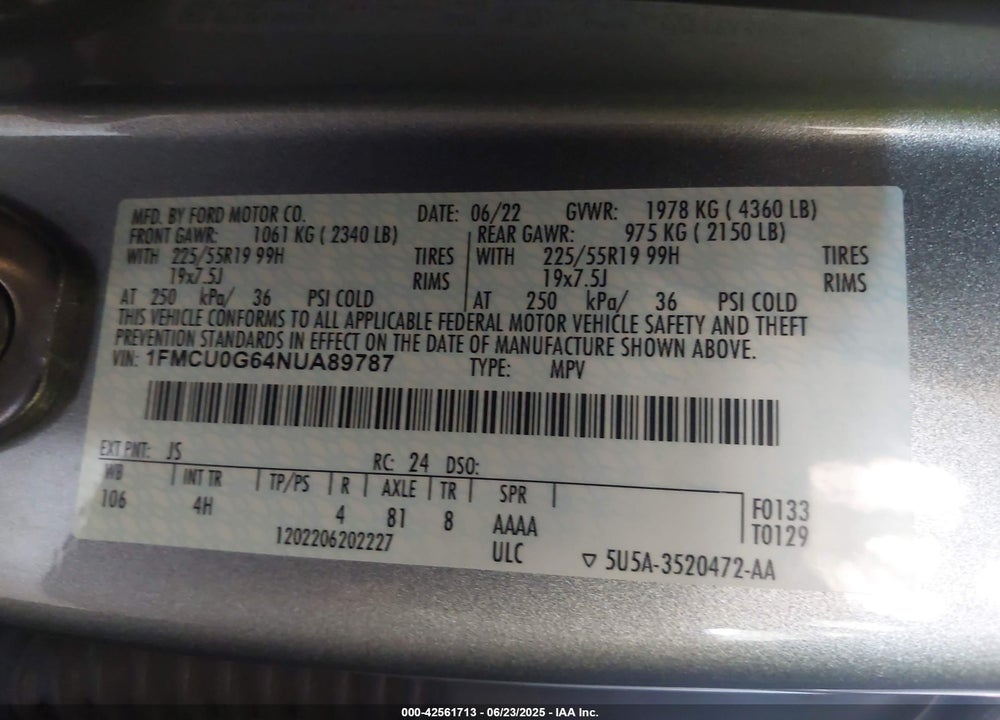 2022 FORD ESCAPE VIN: 1FMCU0G64NUA89787