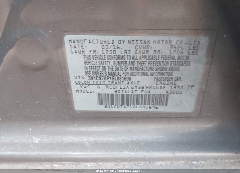 2016 NISSAN VERSA VIN: 3N1CN7AP1GL881696