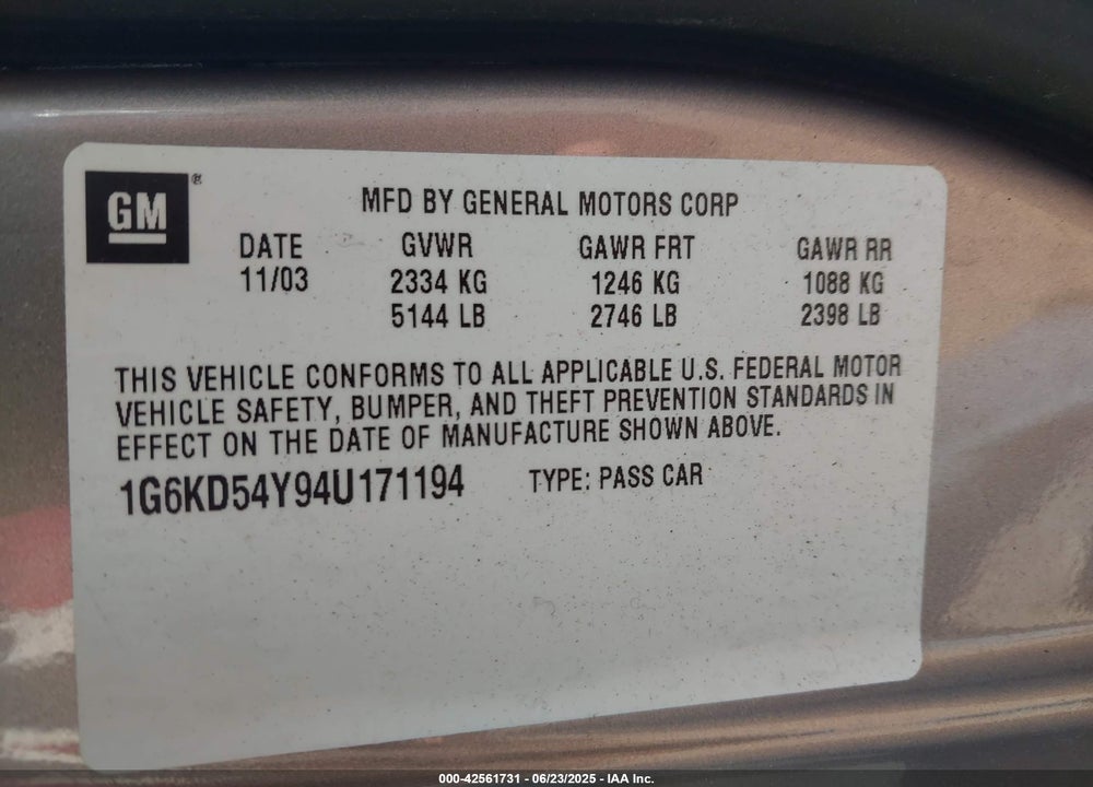 2004 CADILLAC DEVILLE STANDARD VIN: 1G6KD54Y94U171194