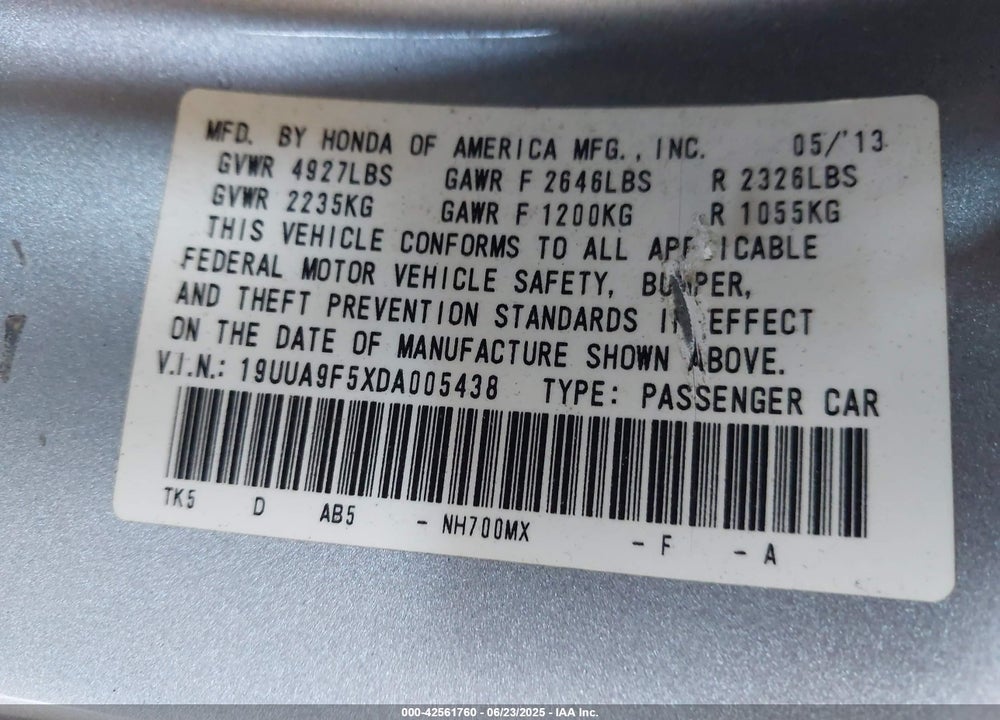 2013 ACURA TL VIN: 19UUA9F5XDA005438