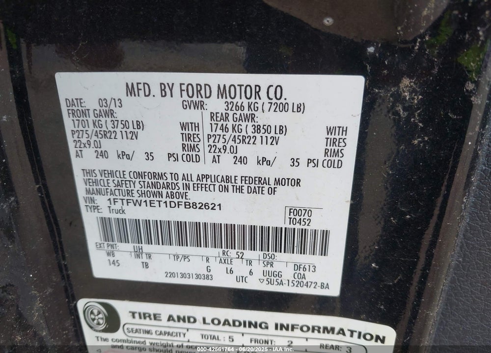 2013 FORD F-150 VIN: 1FTFW1ET1DFB82621