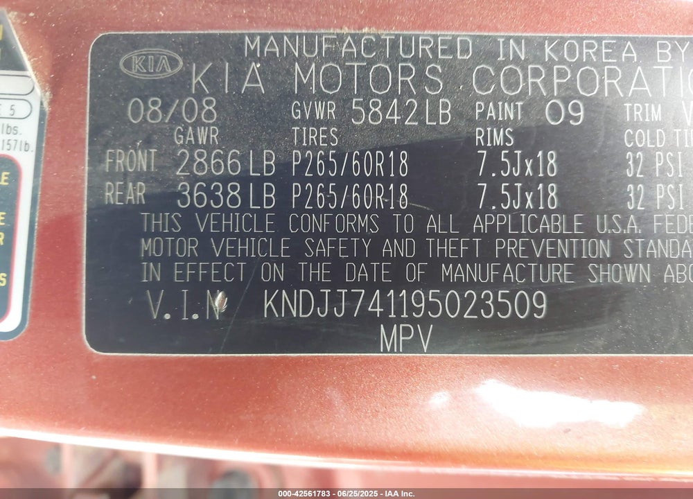 2009 KIA BORREGO VIN: KNDJJ741195023509