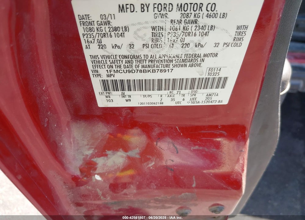 2011 FORD ESCAPE VIN: 1FMCU9D78BKB78917