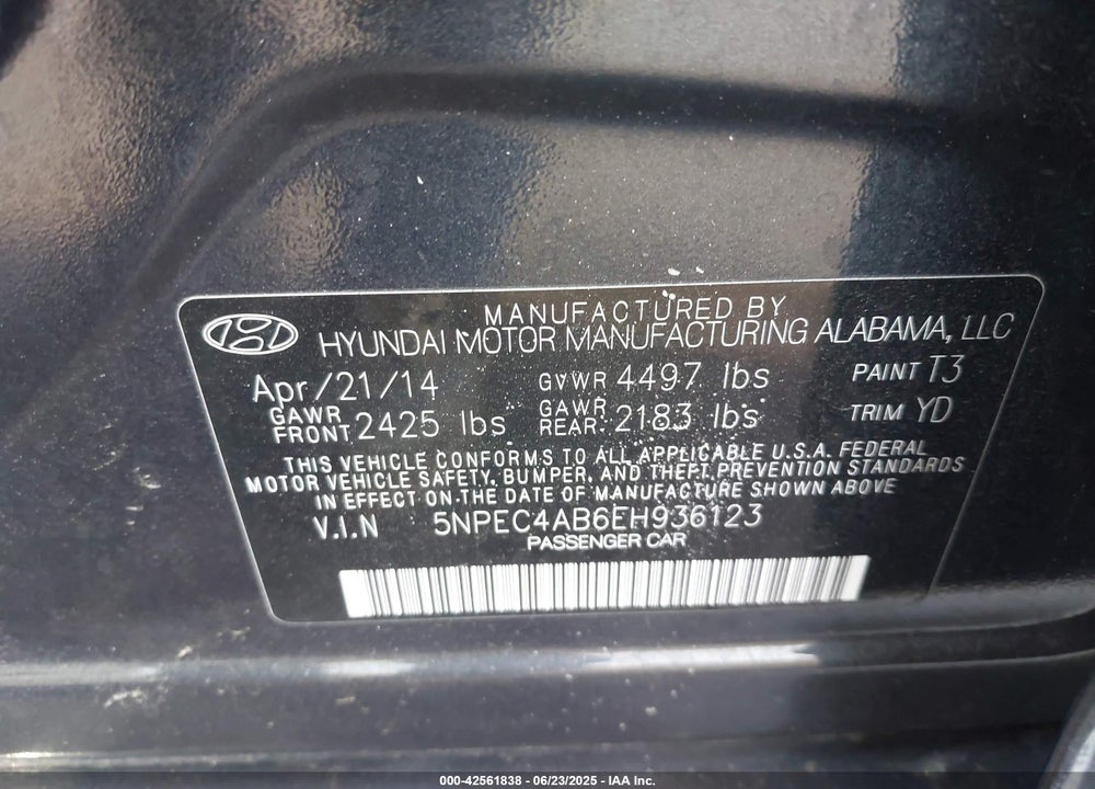 2014 HYUNDAI SONATA LIMITED 2.0T VIN: 5NPEC4AB6EH936123