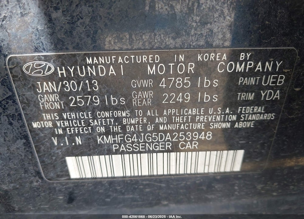 2013 HYUNDAI AZERA VIN: KMHFG4JG5DA253948
